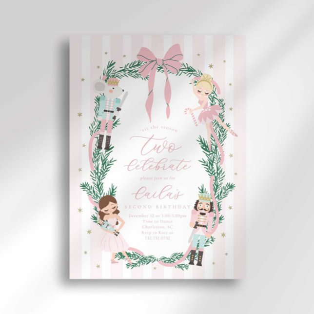 Invitation Pink Striped Bow Nutcracker Ballet 2nd Birthday (Créateur téléchargé)