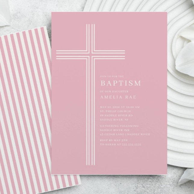 Invitation Pink Striped Cross Baptism  (Créateur téléchargé)