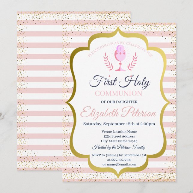 Invitation Pink Stripes Confetti Première Communion sainte (Devant / Derrière)