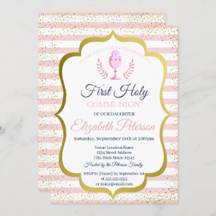 Invitation Pink Stripes Confetti Première Communion sainte