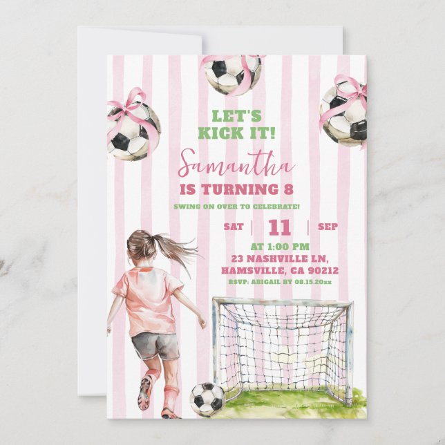 Invitation Pink Stripes Girl Soccer Let's Kick It Anniversair (Devant)