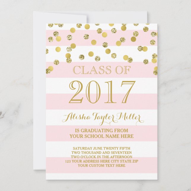 Invitation Pink Stripes Gold Confetti Photo 2017 Graduation (Devant)