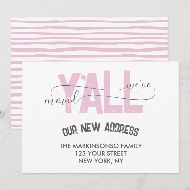 Invitation Pink Stripes We Moved Y'all Moving Announcement (Devant / Derrière)