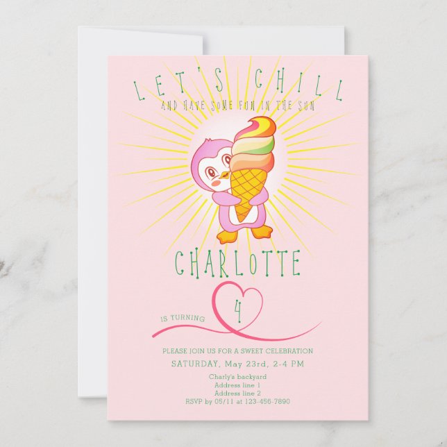 Invitation Pink Summer Chill Crème de glace Drôle Penguin Ann (Devant)