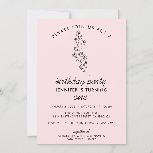 Invitation Pink Summer Fall one year 1st Birthday Party (Devant)