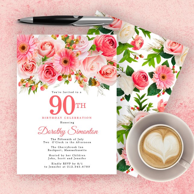 Invitation Pink Summer Floral Joli 90e anniversaire (Créateur téléchargé)