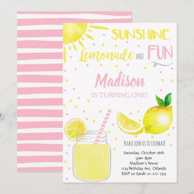 Invitation Pink Sunshine Lemonade Fun Party Anniversaire Invi (Devant / Derrière)