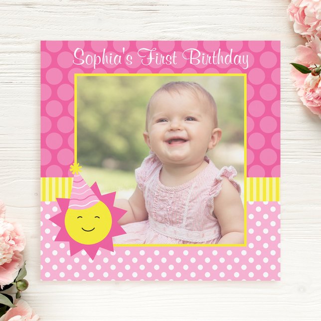 Invitation Pink Sunshine Polka Dot 1er Anniversaire Photo (Créateur téléchargé)