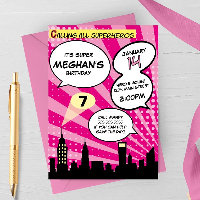 Invitation Pink Superheros Comédie Livre Styled Anniversaire (Créateur téléchargé)