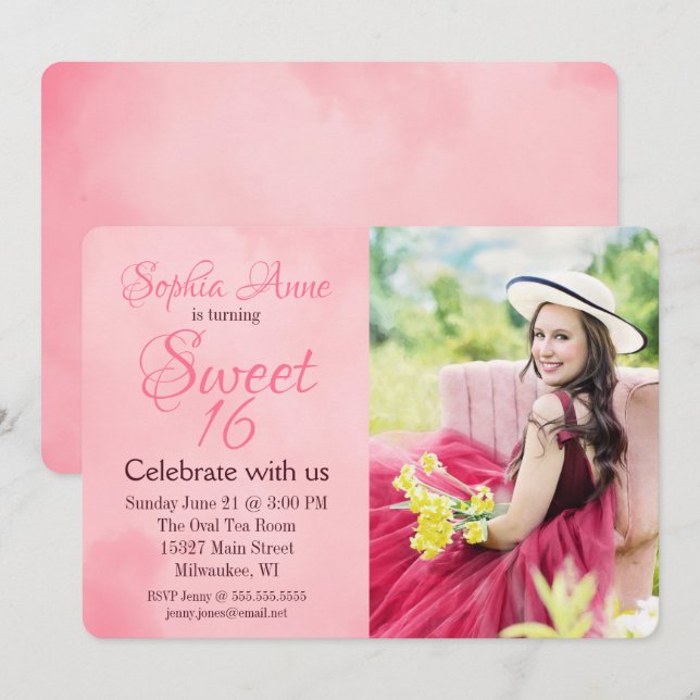 Invitation Pink Sweet 16 Photo Anniversaire (Devant / Derrière)