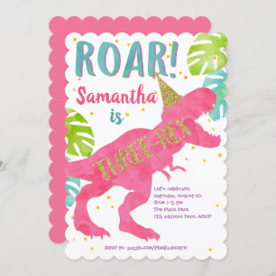 Invitation Pink, T-rex, Dinosaur, Fille, 3e anniversaire