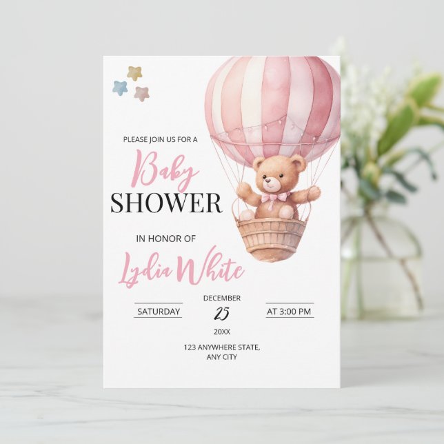 Invitation Pink Teddy ours baby shower modèle (Debout devant)