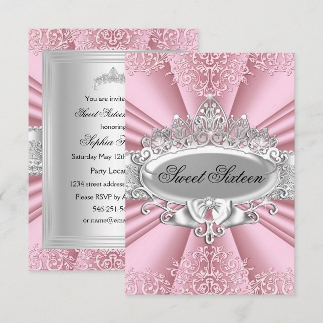 Invitation Pink Tiara Damask Sweet sixteen Party (Devant / Derrière)