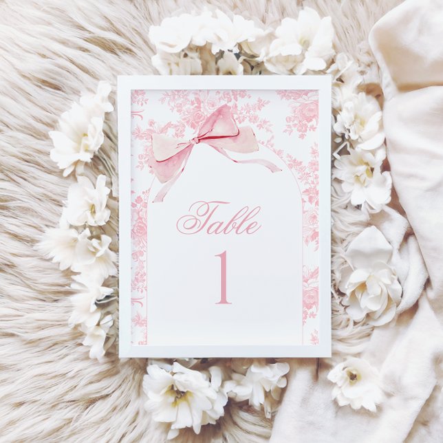 Invitation Pink Toile Bow Baby Girl Douche Numéro de tableau  (Créateur téléchargé)