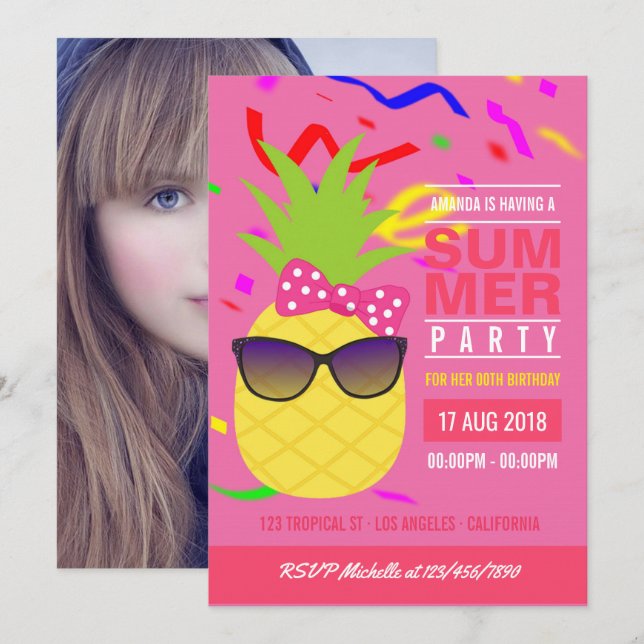 Invitation Pink Tropical Summer Girl Photo de fête d'annivers (Devant / Derrière)