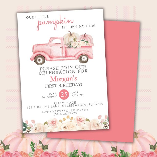 Invitation Pink Truck Little Citrouille fête d'anniversaire (Créateur téléchargé)