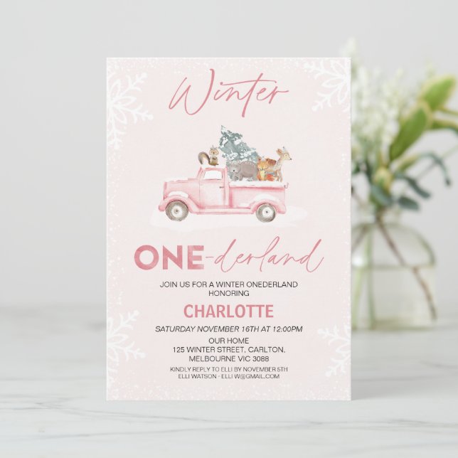 Invitation Pink Truck Woodland Winter Onederland 1er annivers (Debout devant)