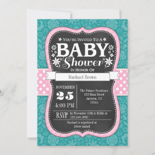 Invitation Pink Turquoise Chalkboard Floral Baby shower Invit