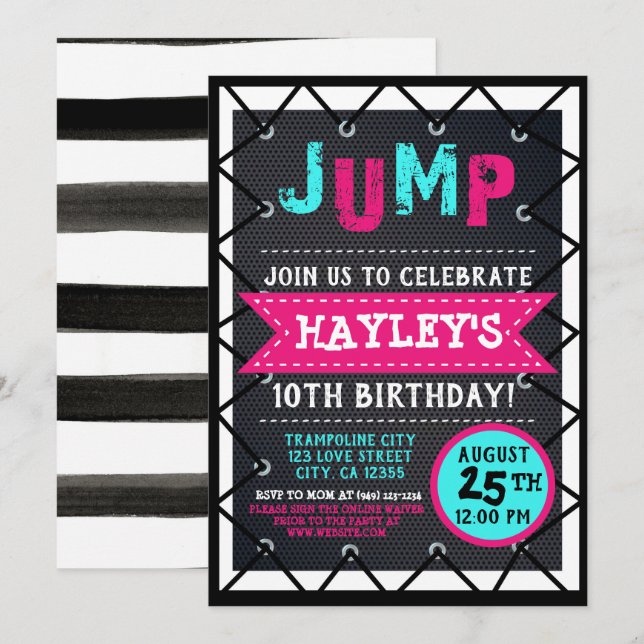 Invitation Pink Turquoise Girls Jump & Play Trampoline Park B (Devant / Derrière)
