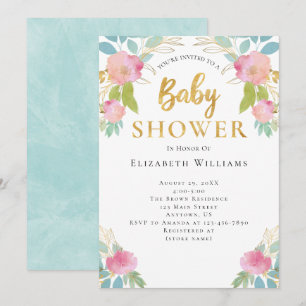 Invitation Pink Turquoise or Aquarelle Fleurs Baby shower fil