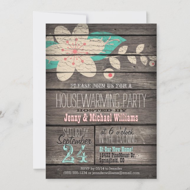 Invitation Pink & Turquoise Rustic Bois House Party (Devant)