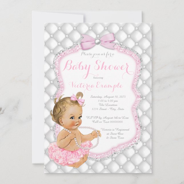 Invitation Pink Tutu Pearl Blonde Girl Baby shower (Devant)