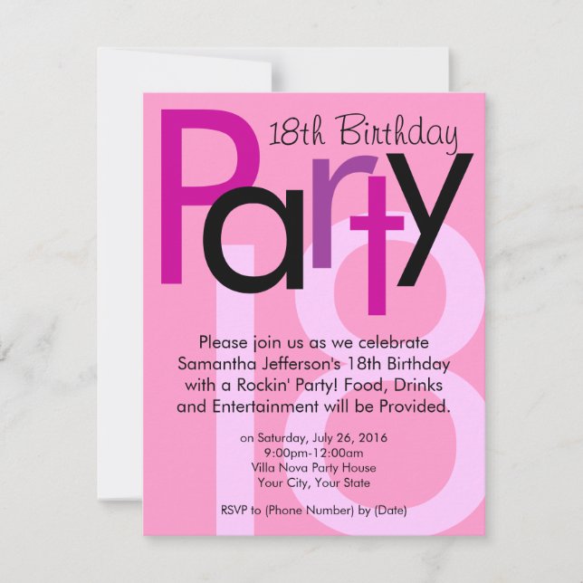 Invitation Pink Typeface 18ème anniversaire de fête Invitatio (Devant)