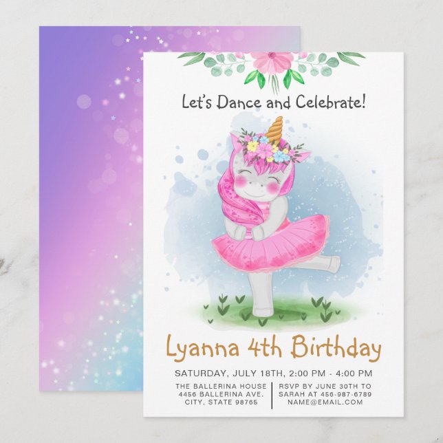 Invitation Pink Unicorn Ballerina Danse 4e fête d'anniversair (Devant / Derrière)