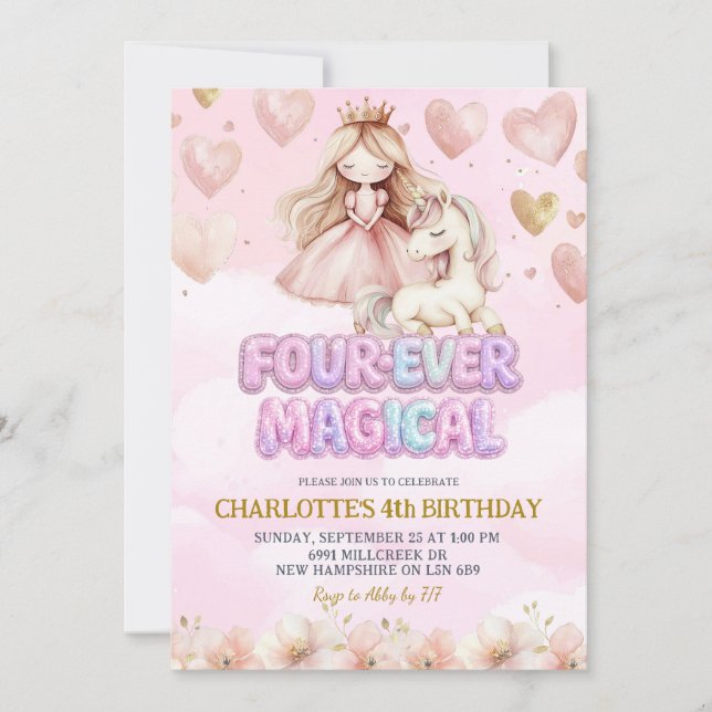 Invitation Pink Unicorn Four ever Magical Fourth Birthday (Devant)