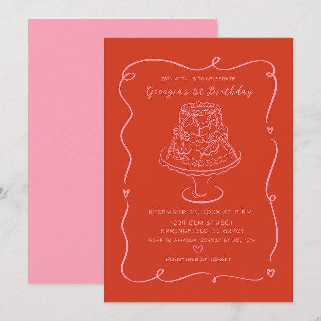 Invitation Pink Valentine Conquette Bow Girl's 1er Birthday (Devant / Derrière)