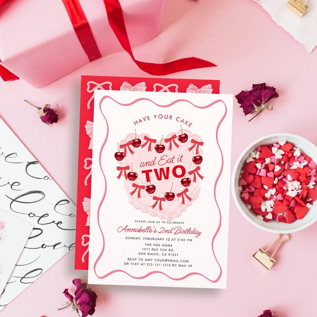 Invitation Pink Vintage Heart Cake Girl 2nd Birthday (Créateur téléchargé)