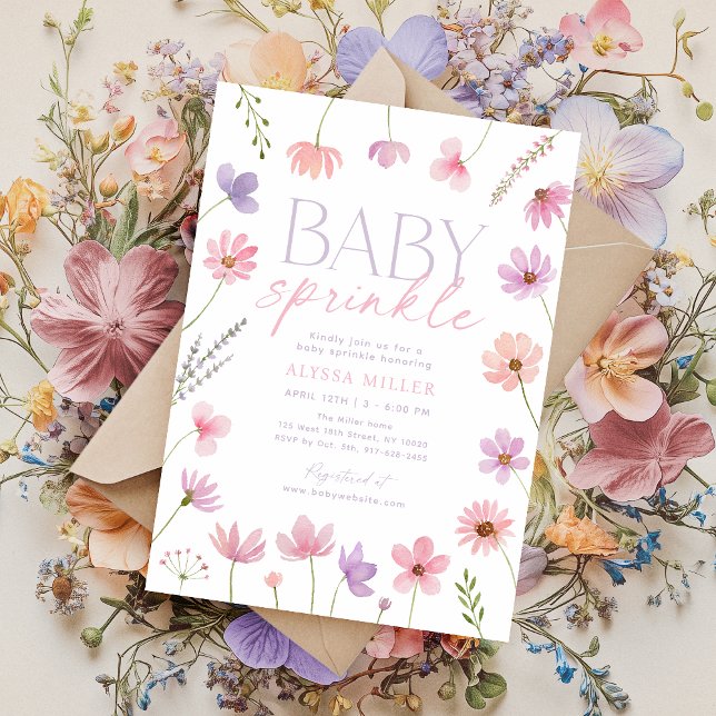 Invitation Pink violet Fleur sauvage fille saupoudrer bébé (Créateur téléchargé)