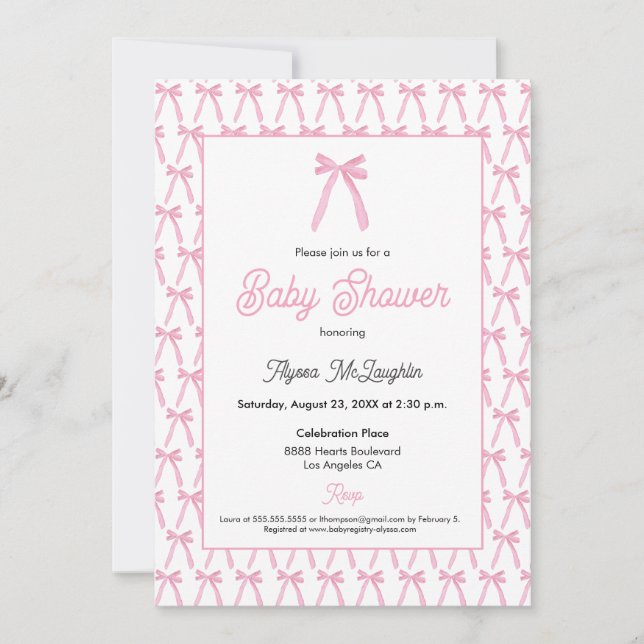 Invitation Pink Watercolor arc ruban bébé fille baby shower (Devant)