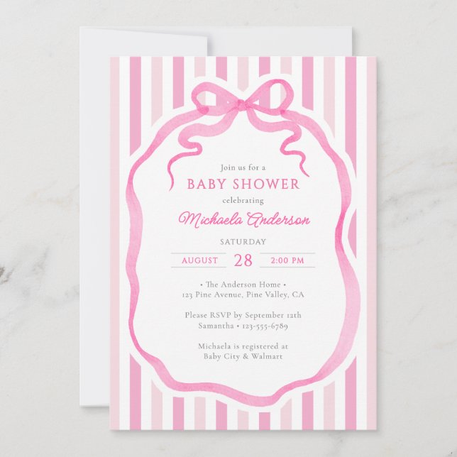 Invitation Pink Watercolor Bow & Stripes Baby Shower (Devant)