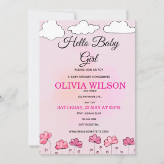 Invitation Pink Watercolor Clouds & Flowers Baby Girl Shower 