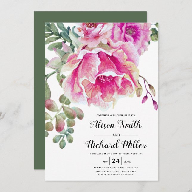 Invitation Pink watercolor fleurs script typographie mariage (Devant / Derrière)