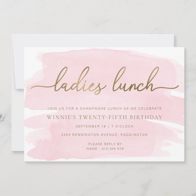 Invitation Pink Watercolor Gold Ladies Déjeuner (Devant)
