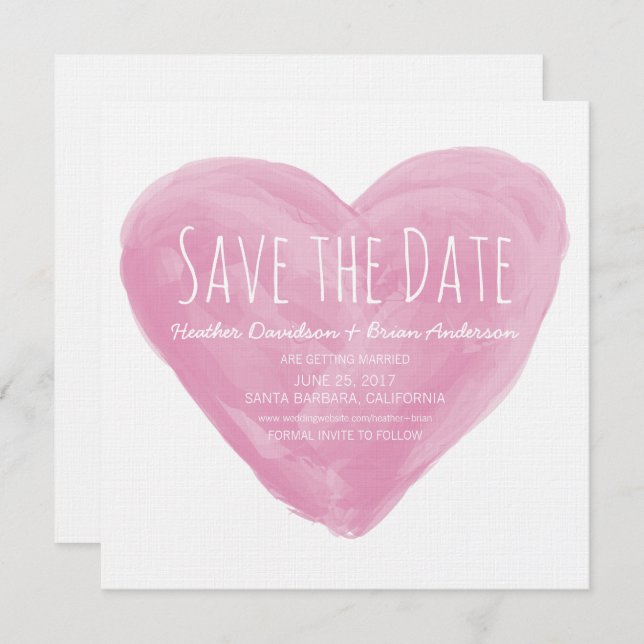 Invitation Pink Watercolor Heart Enregistrer la date Invitati (Devant / Derrière)