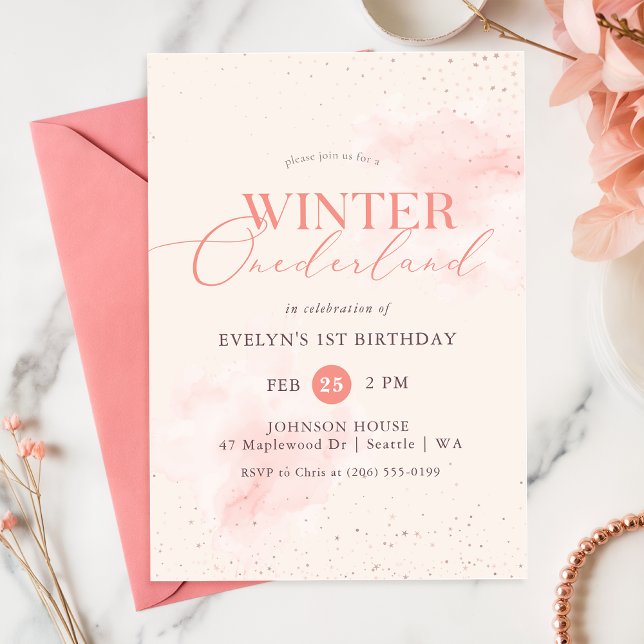 Invitation Pink Watercolor Winter Onederland Girl Birthday (Créateur téléchargé)