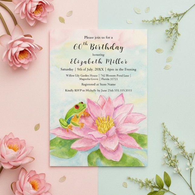 Invitation Pink Waterlily & Tree Frog Any Age Birthday  (Créateur téléchargé)