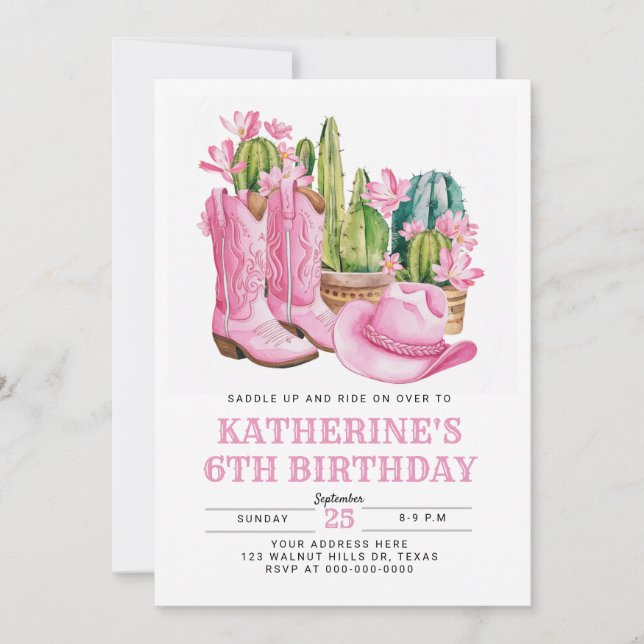 Invitation Pink West Cowgirl Cactus Aquarelle Anniversaire (Devant)