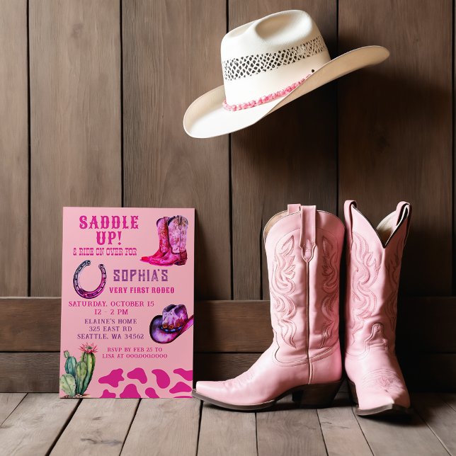 Invitation Pink Western Cowgirl First Rodeo Girls Anniversair (Pink Western Cowgirl First Rodeo Girls Birthday Invitation)