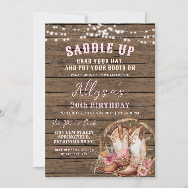 Invitation Pink Western Cowgirl Rustic N'importe quel âge Ann (Devant)