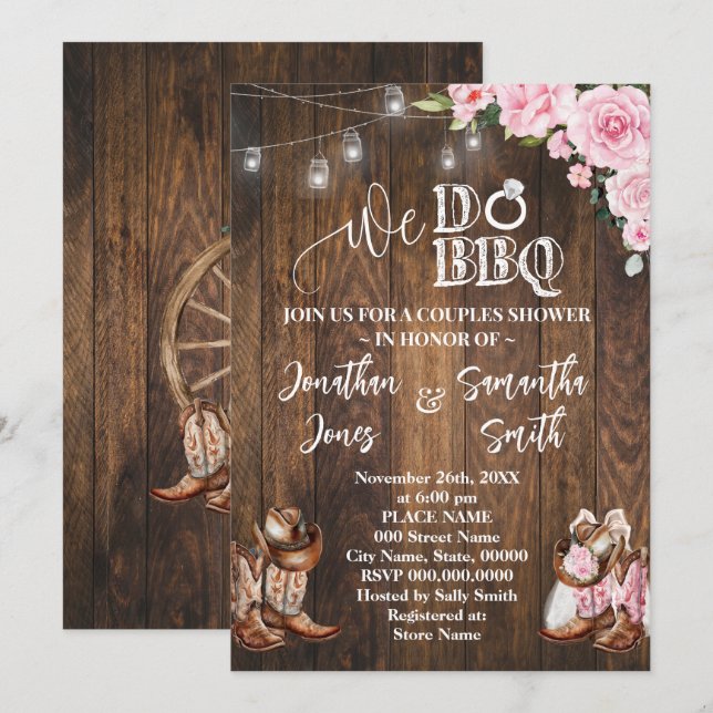 Invitation Pink Western Nous Faisons BBQ Pays Couples Douche (Devant / Derrière)