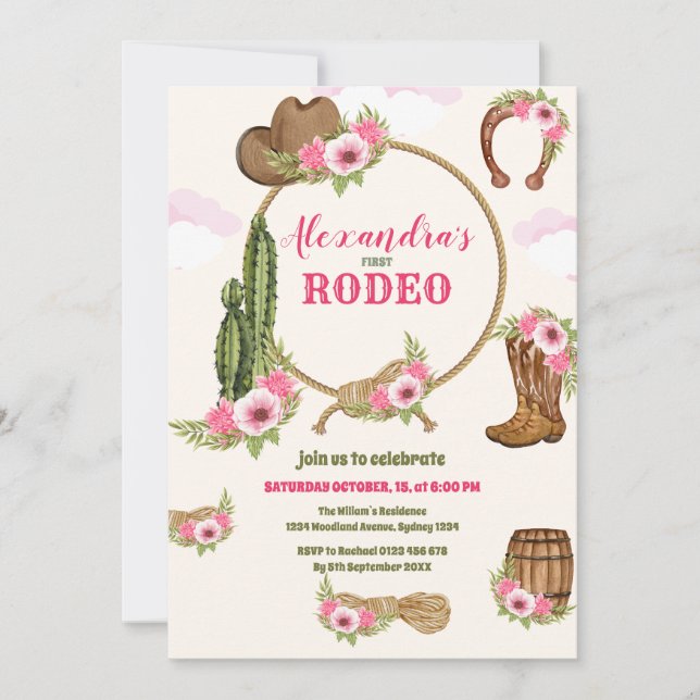 Invitation Pink Western Premier Anniversaire Rodéo bébé fille (Devant)