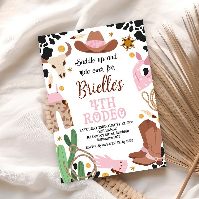 Invitation Pink Western Wild West 4e Rodeo Anniversaire (4th Rodeo Cowgirl Birthday Party Invitation Wild West Cowgirl Fourth Rodeo Editable Template)