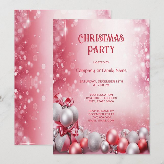 Invitation Pink White Christmas Balls (Devant / Derrière)