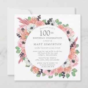 Invitation Pink White Floral Eucalyptus 100e fête d'anniversa