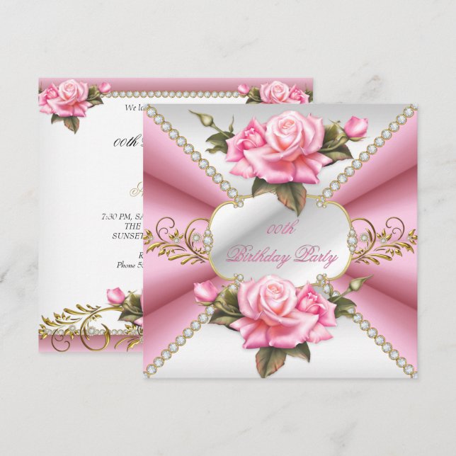 Invitation Pink White Gold Belle fête d'anniversaire (Devant / Derrière)