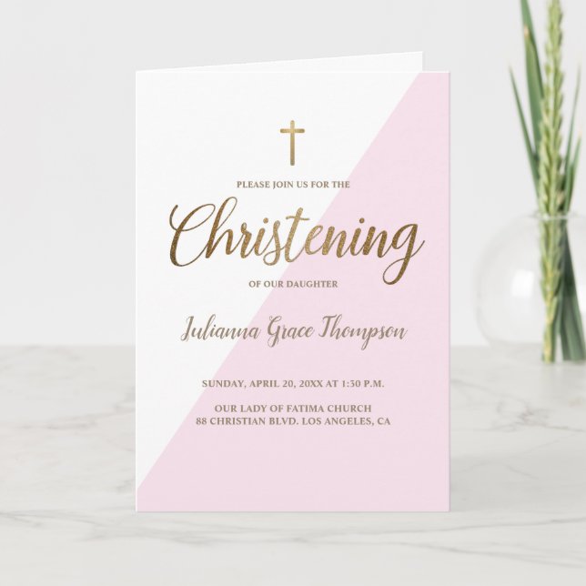 Invitation Pink White Gold Cross Christening bébé photo fille (Devant)